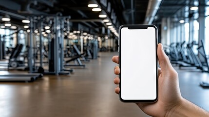 A hand is gripping a smartphone while surrounded by various exercise equipment in a contemporary gym during a workout session