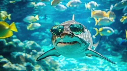 Fototapeta premium Underwater adventure shark wearing sunglasses amid colorful fish in ocean environment fun and unique perspective