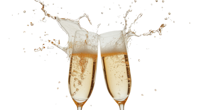 Two champagne glasses toasting and splashing on transparent background - Powered by Adobe
