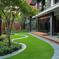 Tranquil garden pathway design residential area landscape photography natural environment aerial view serenity concept