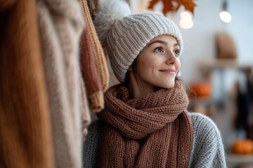 Soft autumn tones surround a woman as she smiles while choosing cozy sweaters and scarves in a boutique decorated with pumpkins and leaves