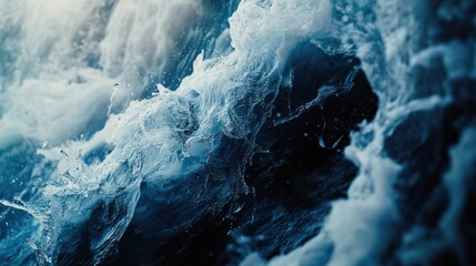 Ocean wave close-up, frothy texture, deep blue, background blurred, nature wallpaper