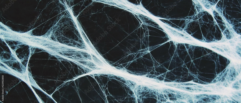 Poster spider web close-up showcases intricate thread details against a dark backdrop