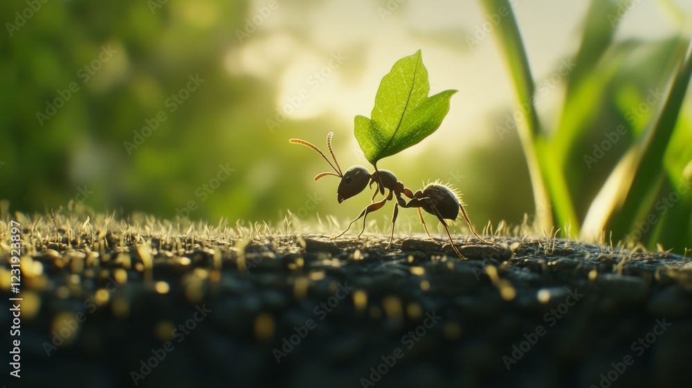 Poster a close-up view of an ant carrying a tiny leaf, showcasing its intricate body structure and details,