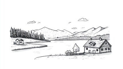 Fototapeta premium Hand drawn illustration of a lake, houses, and mountains.