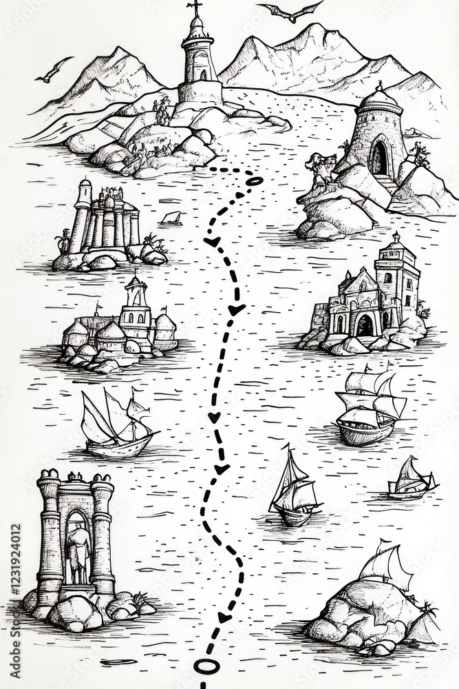 Poster hand drawn illustration of a map with a dotted line showing the route to a lighthouse on a small isl