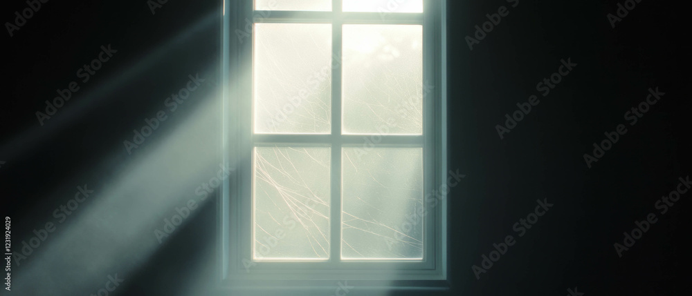 Poster soft sunlight filtering through a spider web on a window against a dark background