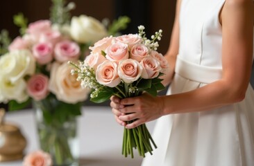 girl in a wedding dress holds a wedding bouquet in her hands. wedding day. 