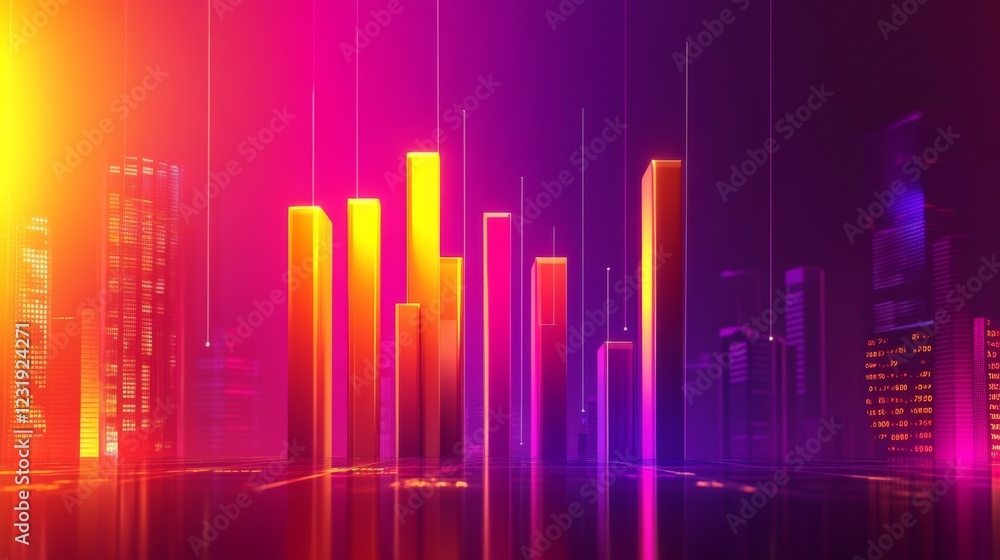 Aufkleber a colorful d bar chart with tall, gradient-colored bars rising from a digital financial dashboard, w