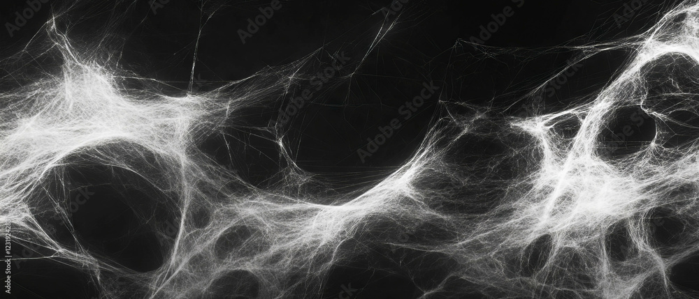 Poster intricate spider web texture contrasting with a soft blurred background and dark tones