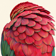 Fototapeta premium Vibrant red parrot feathers, intricate detail, close-up view.