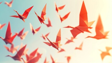 Colorful origami cranes float gracefully against a soft blue and orange sky during twilight hours
