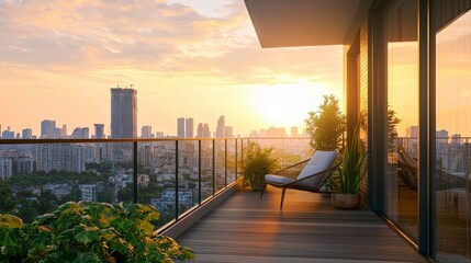Serene Urban Sunset View from Modern Balcony over City Skyline