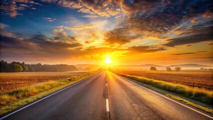 Naklejka premium Golden sunrise over rural asphalt highway , highway, nature, highway