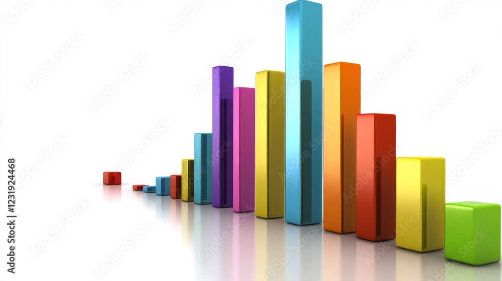 Leinwandbilder A colorful D bar graph on a clean white background, with bars of different heights representing financial growth, creating a sense of depth and dimension.