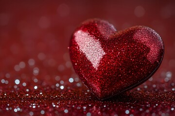 Fototapeta premium Glittering Red Heart on Sparkling Surface for Valentine's Day and Love Themes