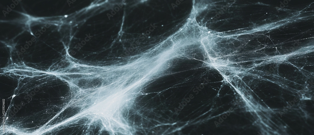 Poster overlay texture of intricate spider web with dust particles on a black background