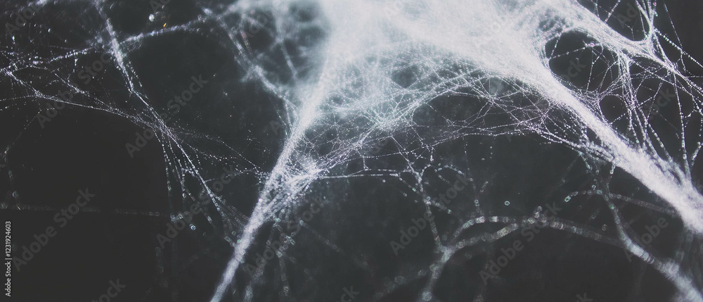 Poster intricate spider web texture with dust particles against a dark background