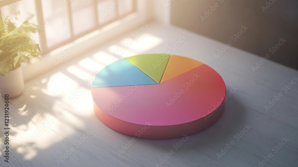 Poster a colorful d pie chart with individual segments floating in mid-air, surrounded by a soft glow, symb