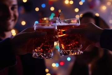 Two friends clinking beers in front of a decorated Christmas tree
