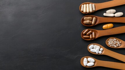 Assorted dietary supplements displayed on wooden spoons against a dark backdrop highlighting health and wellness options