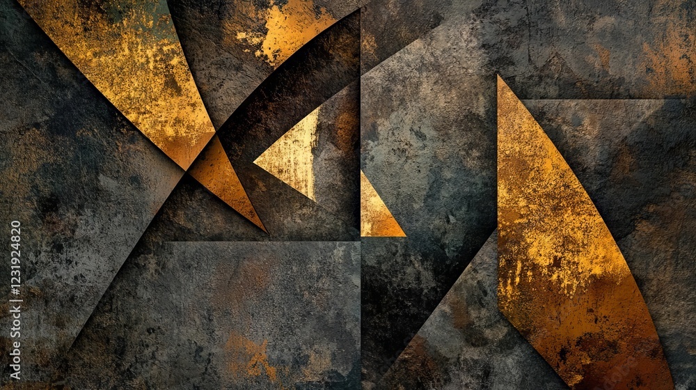 Poster abstract geometric design featuring gold and gray tones with dynamic shapes and textures