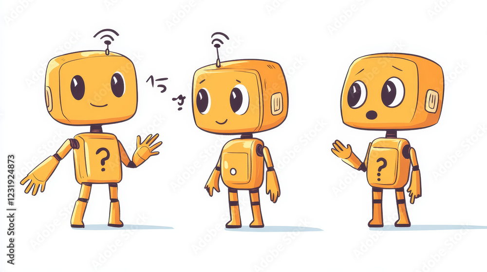 Poster cute chat bot cartoon vector set illustration. yellow funny smart conversation robot, assistant make