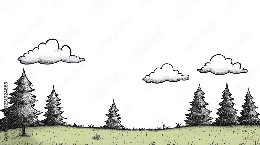 Poster hand drawn illustration of a simple forest scene with five trees and three clouds in the sky.