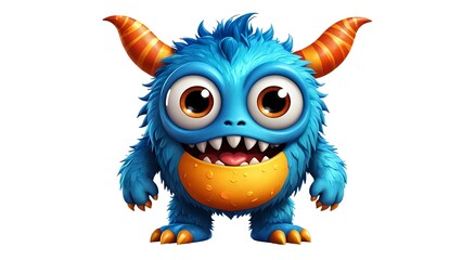 Fototapeta premium Cute blue furry monster character with orange horns and a playful expression, ideal for children's books, games, or branding.