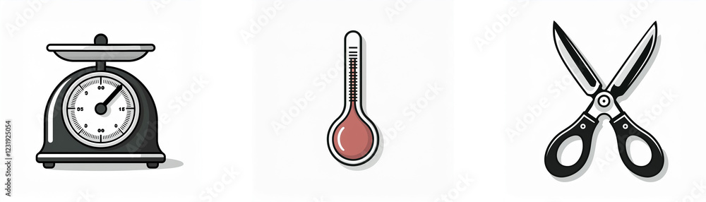 Poster simple icons depict a scale, thermometer, and scissors; tools for measuring and cutting.