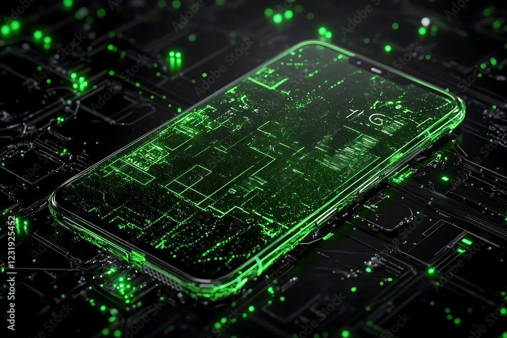 Poster futuristic smartphone displaying green data streams on circuit board