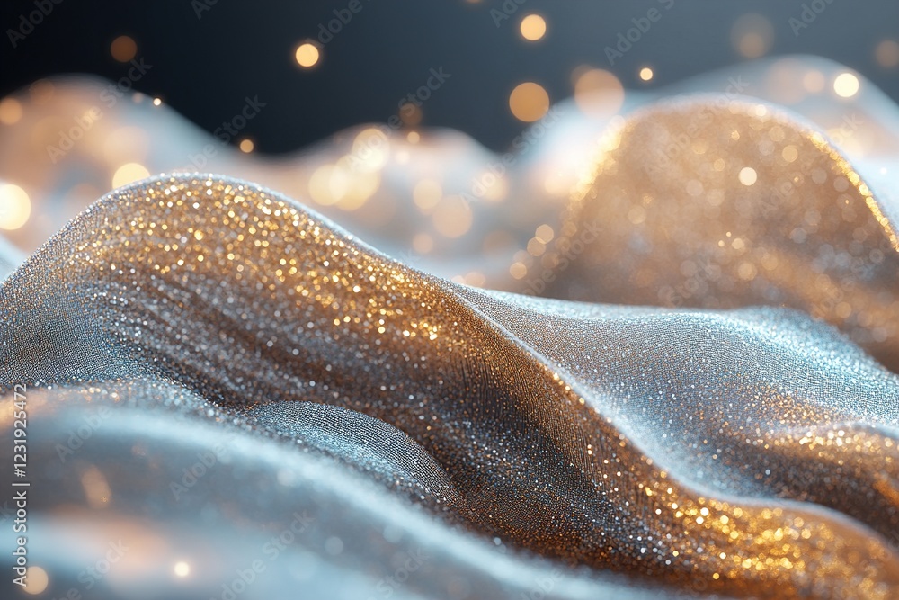 Poster softly glowing waves of sequins in gold and silver tones gracefully flow against a dark gradient bac