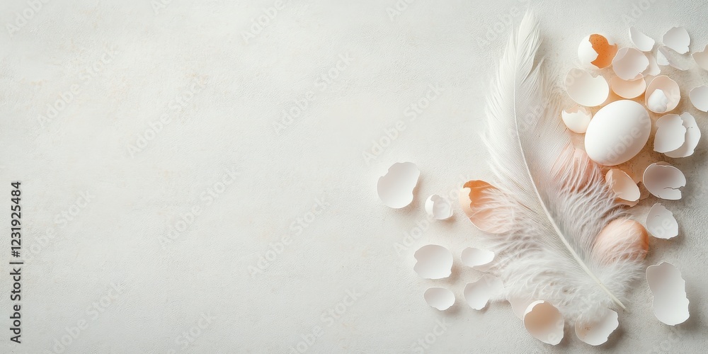 Poster white feather with eggshell fragments on light background suggesting fragility