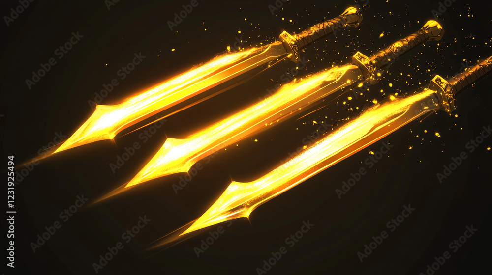 Poster set of sword attack, slash and cut effect isolated on black background. yellow flash of weapon strik