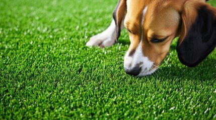 Curious beagle sniffing artificial grass backyard animal photography green environment close-up pet exploration