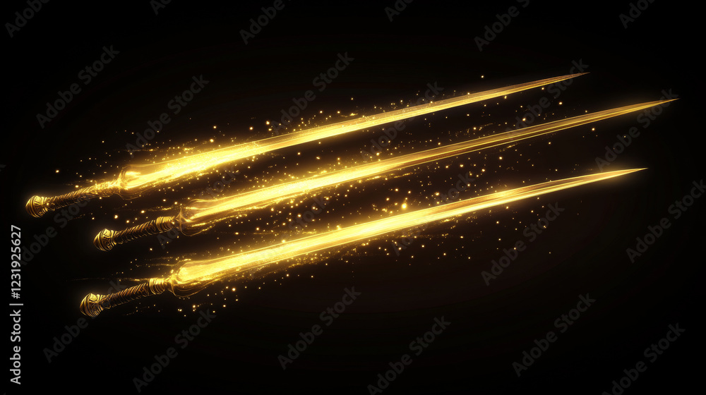 Poster set of sword attack, slash and cut effect isolated on black background. yellow flash of weapon strik