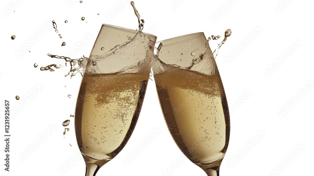 Poster two champagne flutes toasting and splashing on transparent background