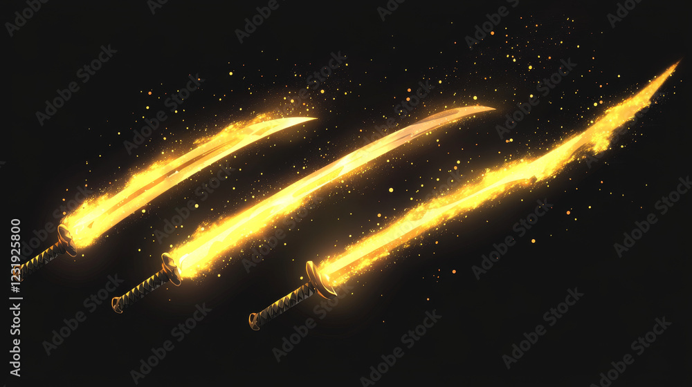Poster set of sword attack, slash and cut effect isolated on black background. yellow flash of weapon strik