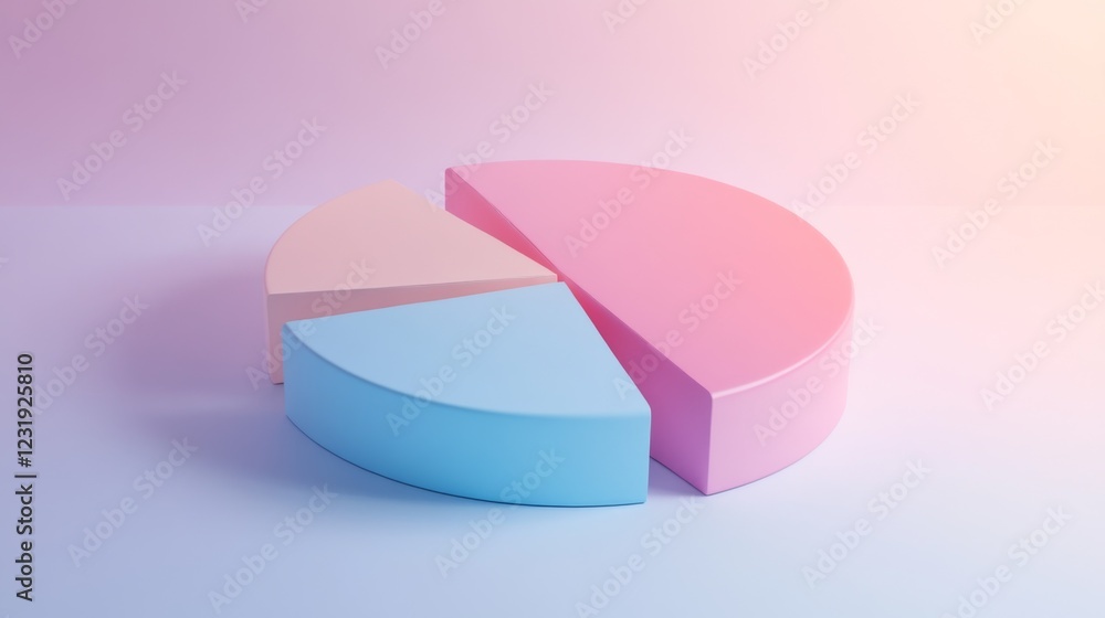 Poster A creative D pie chart in pastel colors, each segment slightly tilted for emphasis, set against a soft gradient background, representing data visualization in a minimalistic design.