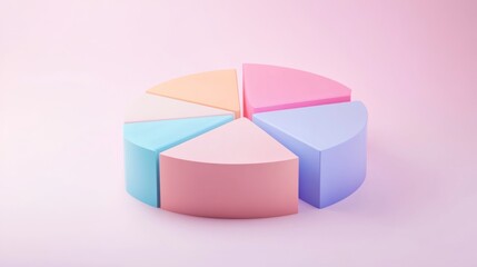 Obraz premium A creative D pie chart in pastel colors, each segment slightly tilted for emphasis, set against a soft gradient background, representing data visualization in a minimalistic design.