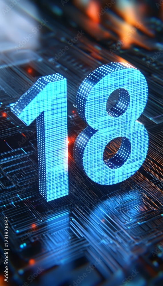 Poster glowing 3d number 18 in a futuristic style on an abstract digital technology background