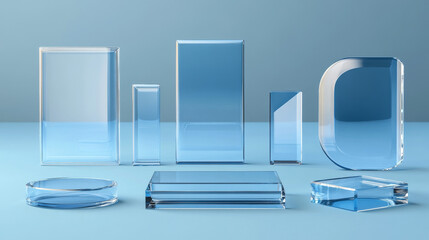 3d glass podiums, crystal platforms for product display. Empty clear stands different geometric shapes. Pedestals from blue plexiglass isolated on transparent background, vector realistic set