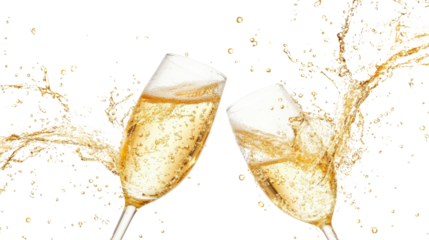 Two champagne glasses clinking, creating a lively splash