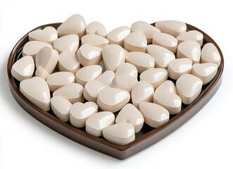 Heart-shaped box filled with glossy white candies arranged neatly for a festive occasion or celebration