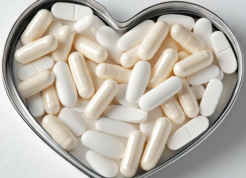 White capsules and tablets arranged neatly in a heart-shaped metal container for health and wellness - Powered by Adobe