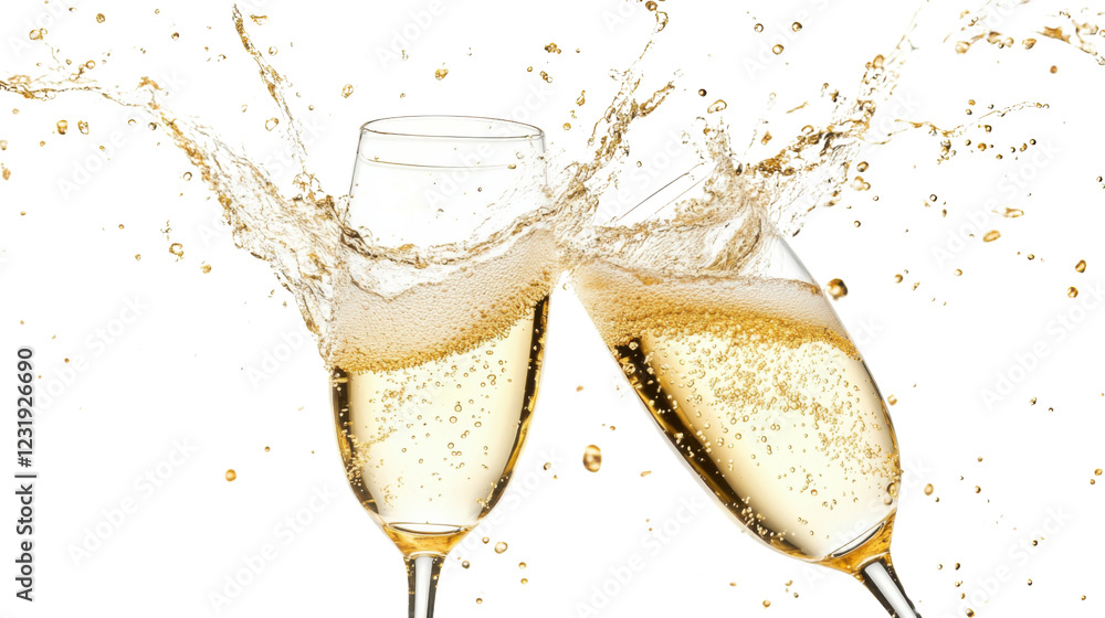Poster two champagne flutes toasting and splashing with transparent background
