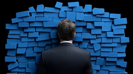 Facing the Wall: A solitary figure confronts an imposing wall of vibrant blue, symbolizing challenges, barriers, and introspective moments.