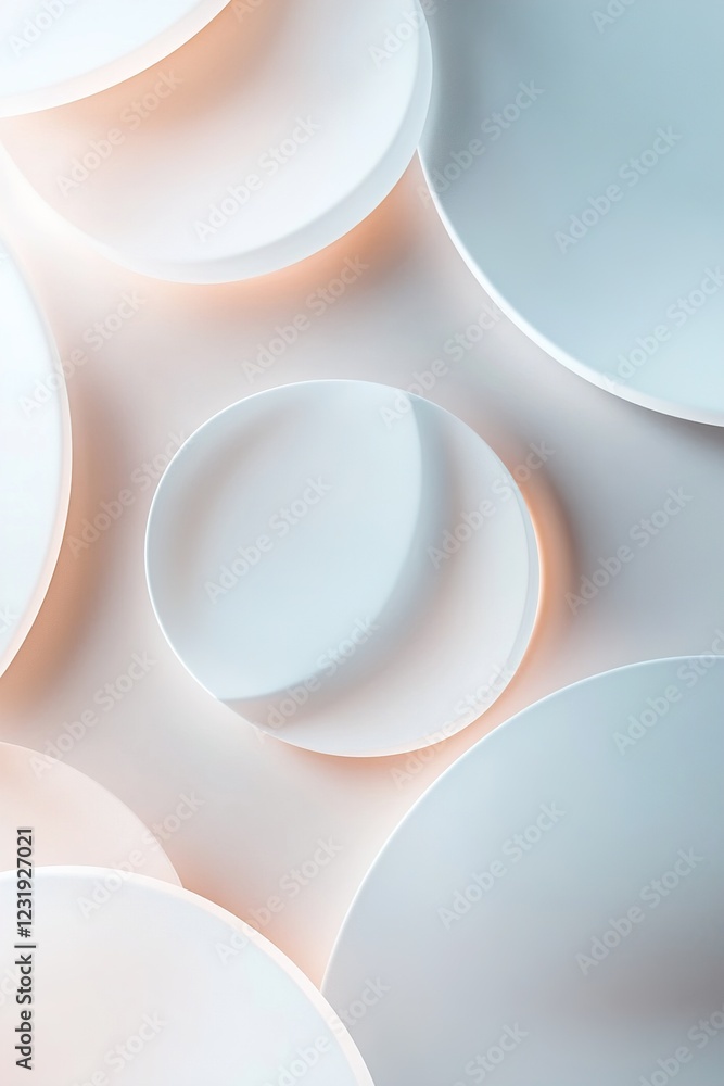 Poster layered frosted glass shapes in various sizes softly glow against a muted gradient background, creat