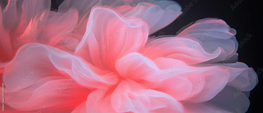 Poster swirling spiral petal arrangements creating a dynamic vortex effect on a dark background
