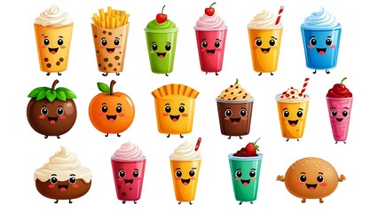 Adorable cartoon food and drinks characters; cheerful, colorful illustration of kawaii style fast food, perfect for kids' menus, websites, or apps.